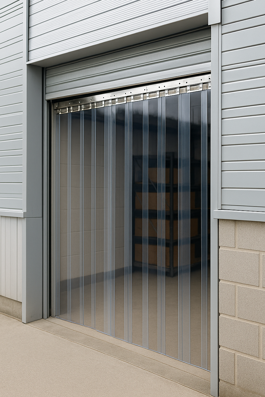 Made to Measure PVC Strip Curtains at an industrial door entrance for effective temperature control and hygiene.