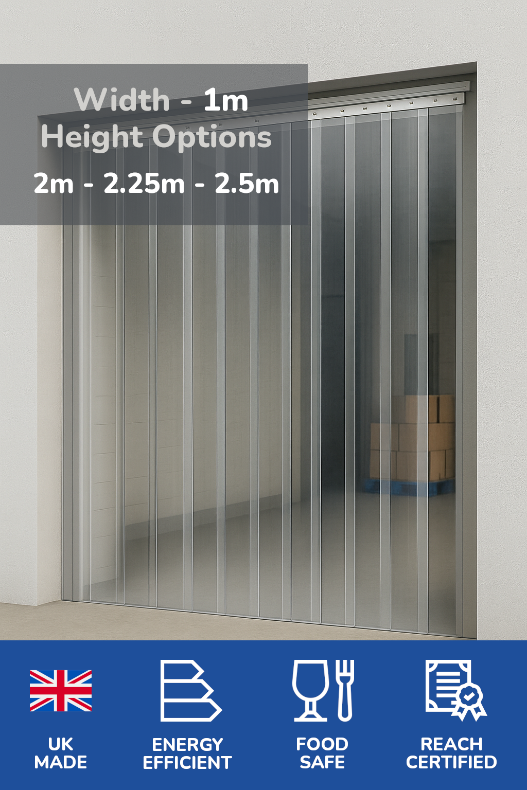 Made to Measure PVC Strip Curtains shown in a warehouse setting with width and height options.