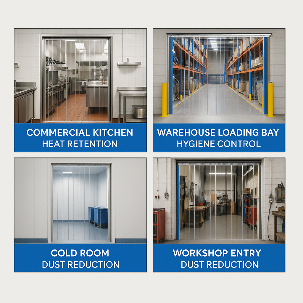Made to Measure PVC Strip Curtains for commercial kitchens, warehouse loading bays, cold rooms, and workshops.