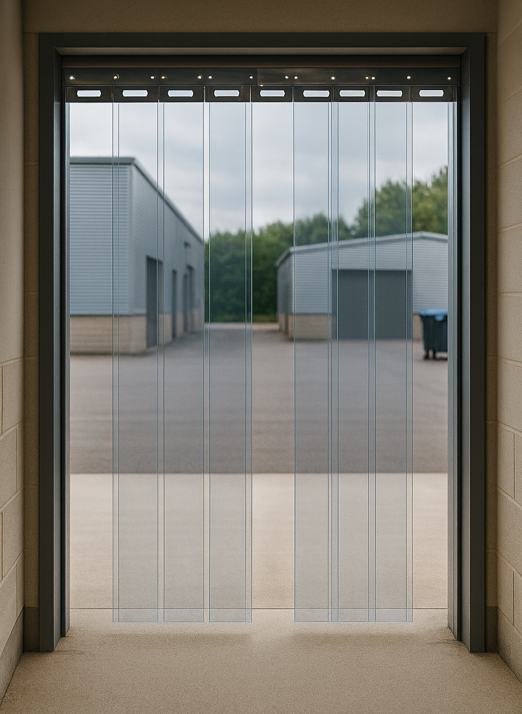 Made to Measure PVC Strip Curtains hanging in an industrial doorway, ideal for temperature control and hygiene.