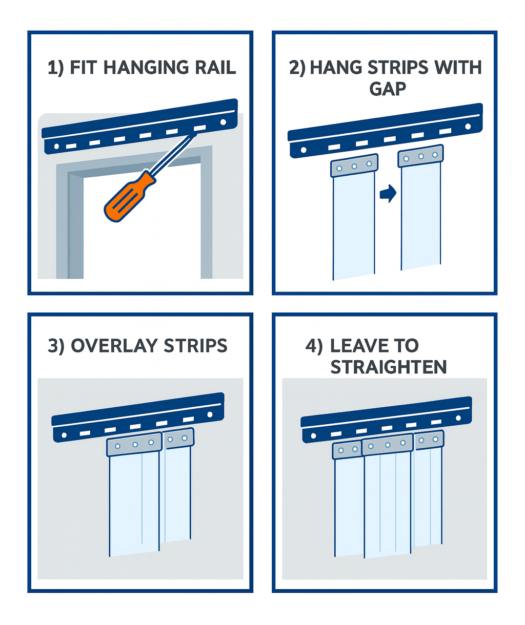 Instructions for installing Made to Measure PVC Strip Curtains, showing steps to fit hanging rail and hang strips.